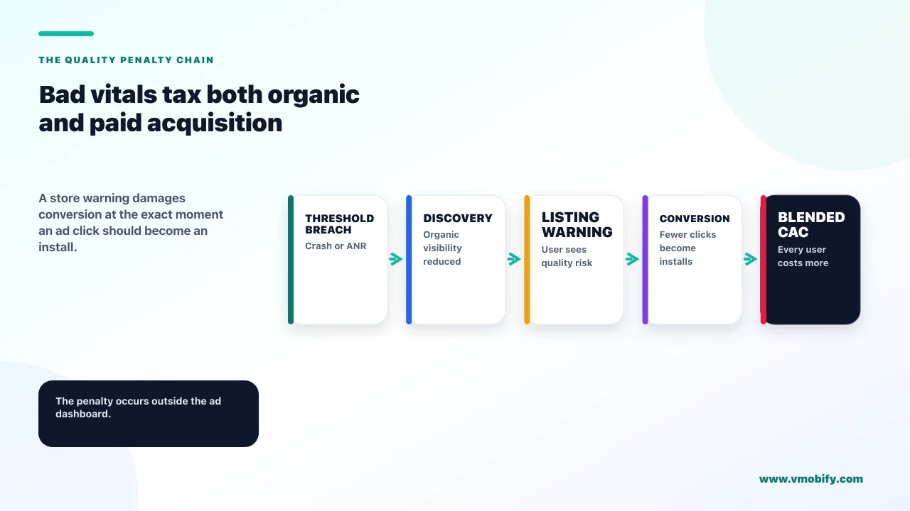 Bad vitals tax both organic and paid acquisition. A store warning damages conversion at the exact moment an ad click should become an install.