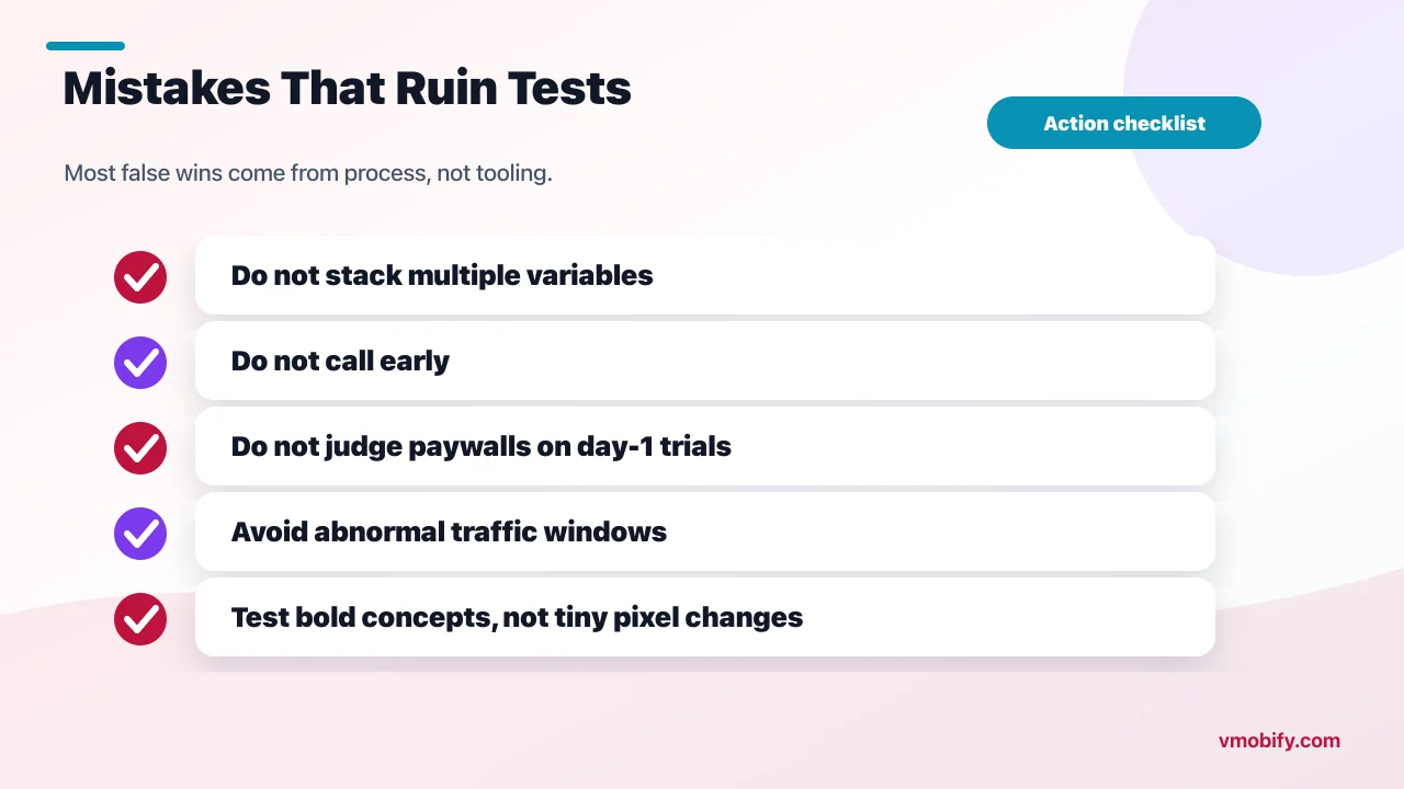 Checklist of app A/B testing mistakes including multiple variables, early stopping, wrong metric, abnormal traffic and overly subtle variants.