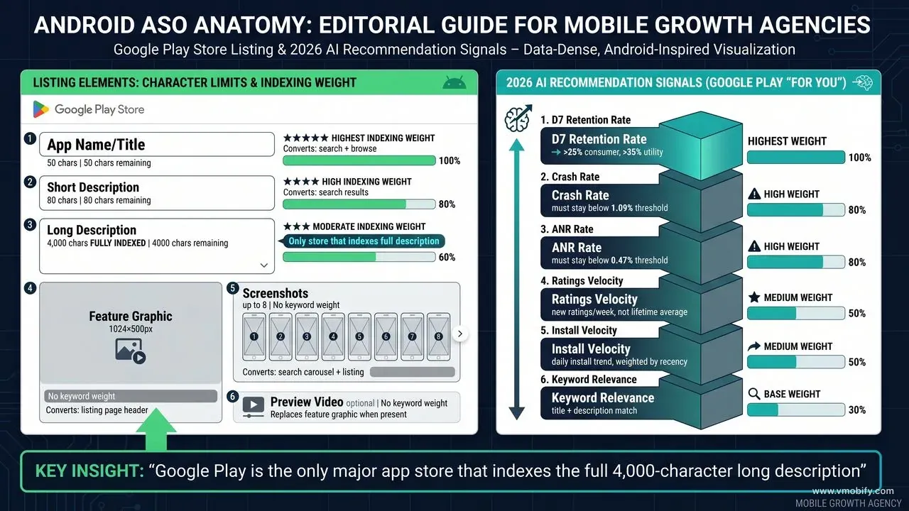 Google Play listing anatomy infographic showing character limits, indexing weight, and 2026 AI ranking signals for each element — title, short description, long description, feature graphic, screenshots, and preview video.