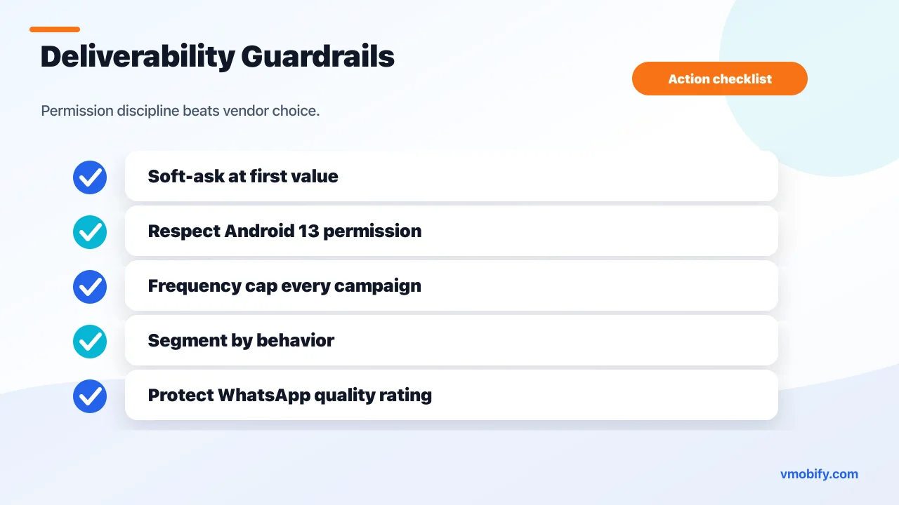 Deliverability checklist covering soft asks, Android 13 notification permission, frequency caps, behavioral segmentation and WhatsApp quality rating.