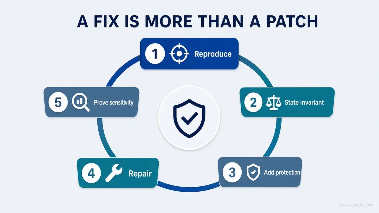 Complete bug-fix cycle covering reproduction, invariant, protection, repair and sensitivity proof