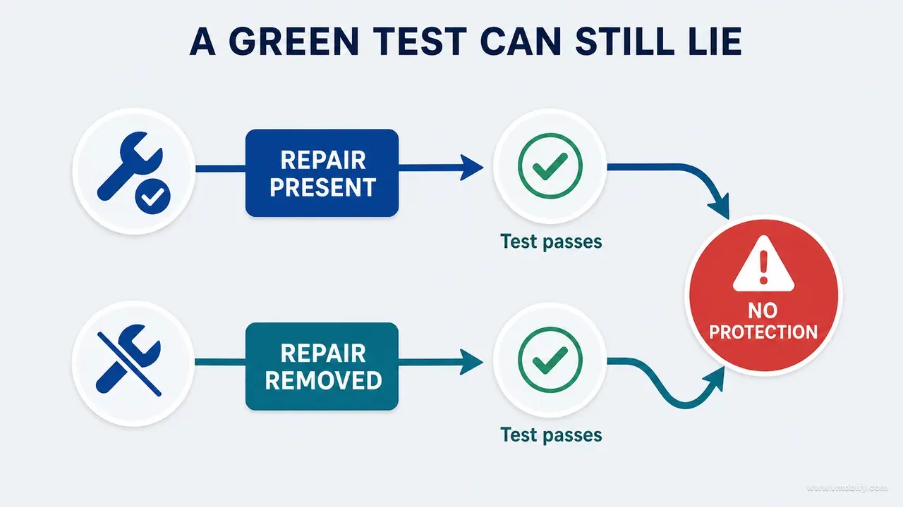 Regression test passing both with the repair present and removed, proving it offers no protection