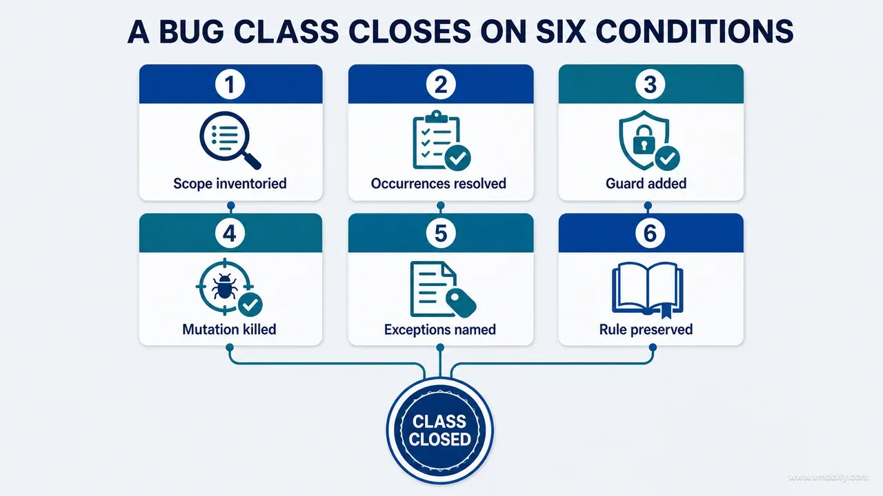 Six conditions for closing a bug class: scope, occurrences, guard, mutation, exceptions and preserved rule