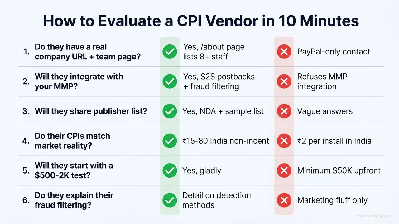 A six-question vendor evaluation surfaces red flags inside ten minutes.
