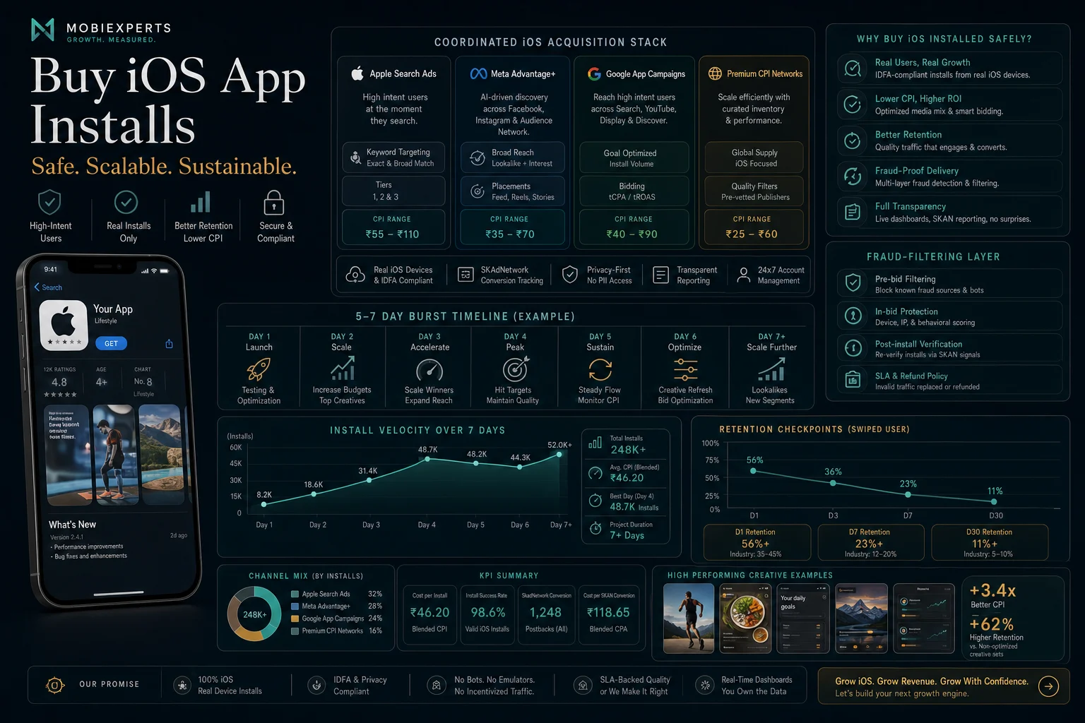 Premium iOS acquisition stack board showing Apple Search Ads, Meta Advantage+, Google app campaigns, premium CPI networks, burst timeline, and retention checkpoints.