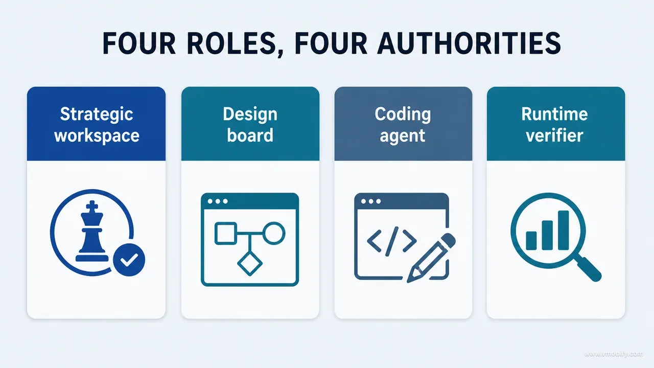 Four separated AI product-workflow roles for strategy, design boards, repository coding and runtime verification