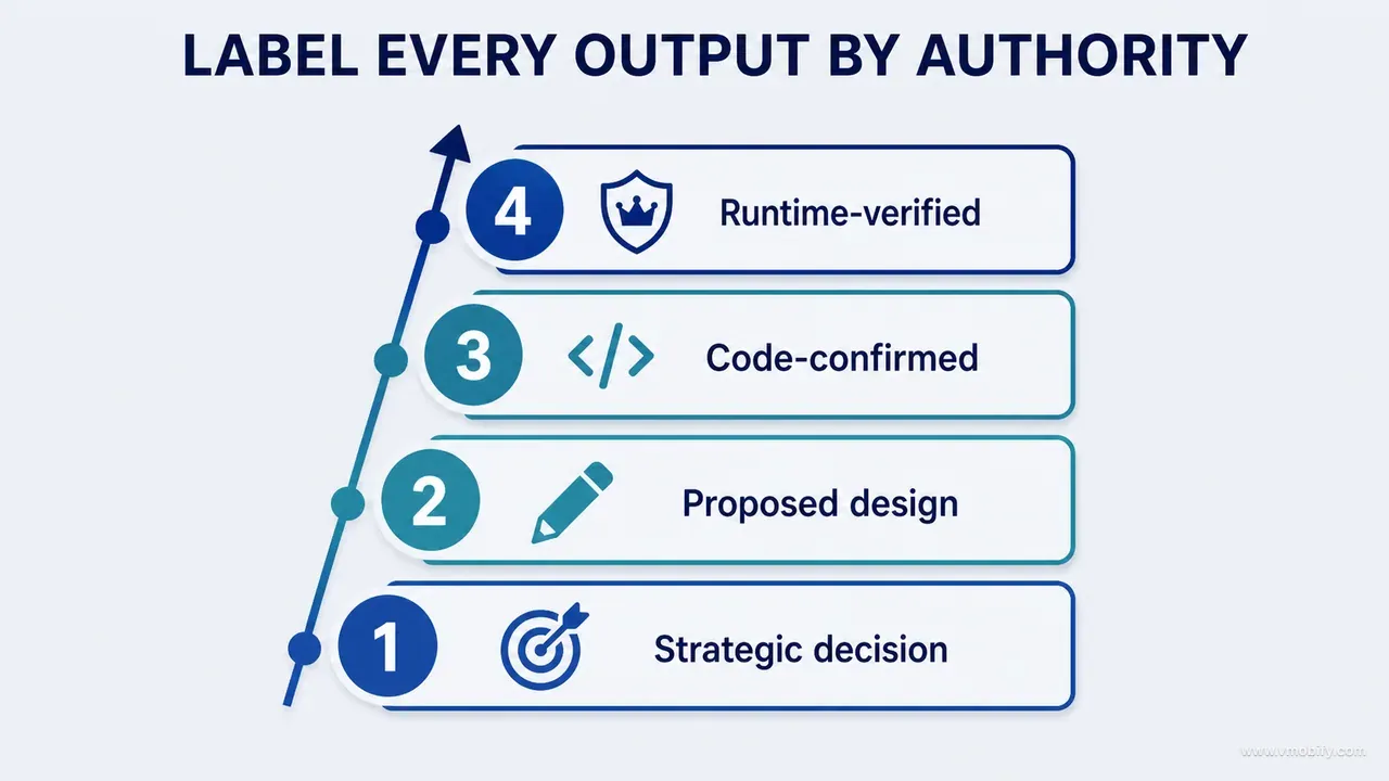 Authority ladder for strategic decisions, proposed designs, code-confirmed claims and runtime-verified evidence