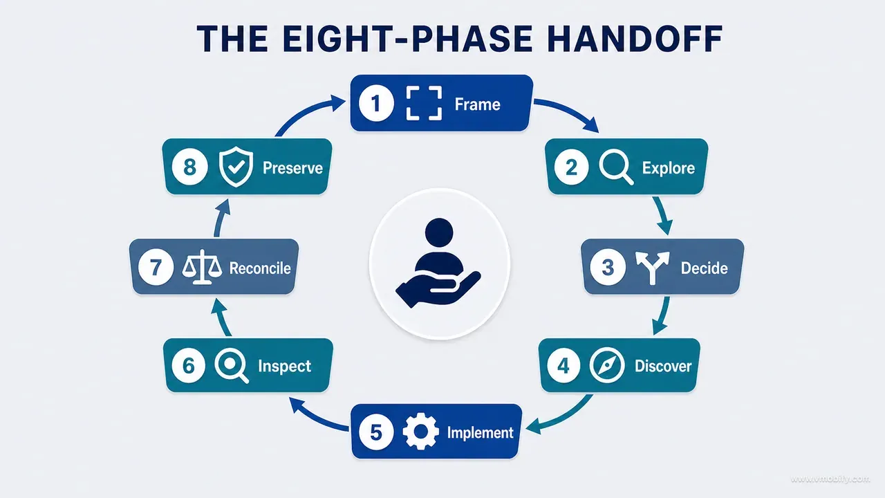 Eight-phase handoff loop from framing and exploration through implementation, inspection, reconciliation and preservation