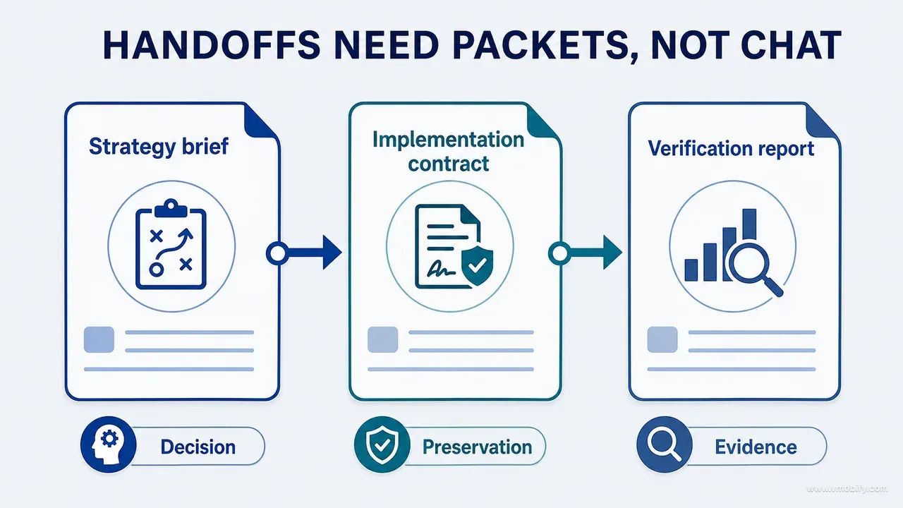 Three handoff packets for strategy decisions, implementation preservation and verification evidence