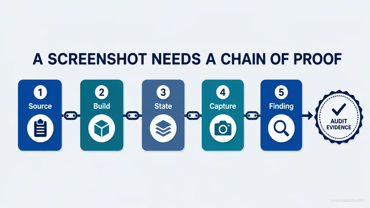 Five-step screenshot evidence chain from source and build through state, capture and finding