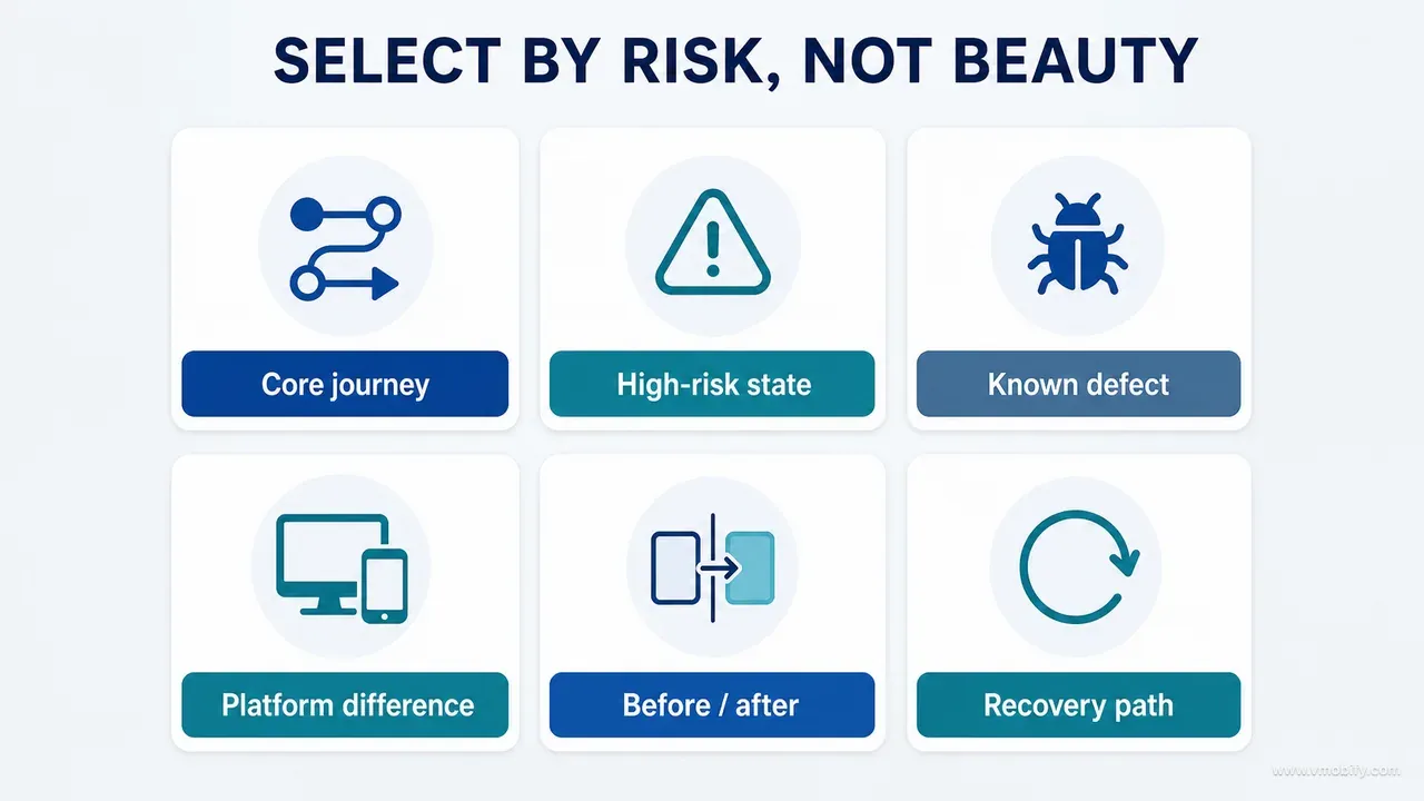 Six risk-led reasons to select an audit screenshot, including core journeys, defects, platform differences and recovery