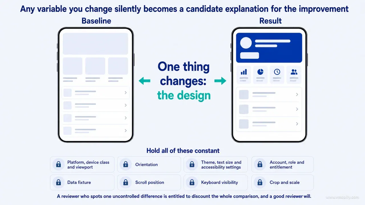 A baseline and a result screenshot side by side in visibly different layouts, with the single changed variable named as the design, above eight locked variables held constant between them: platform, device class and viewport; orientation; theme, text size and accessibility settings; account, role and entitlement; data fixture; scroll position; keyboard visibility; and crop and scale