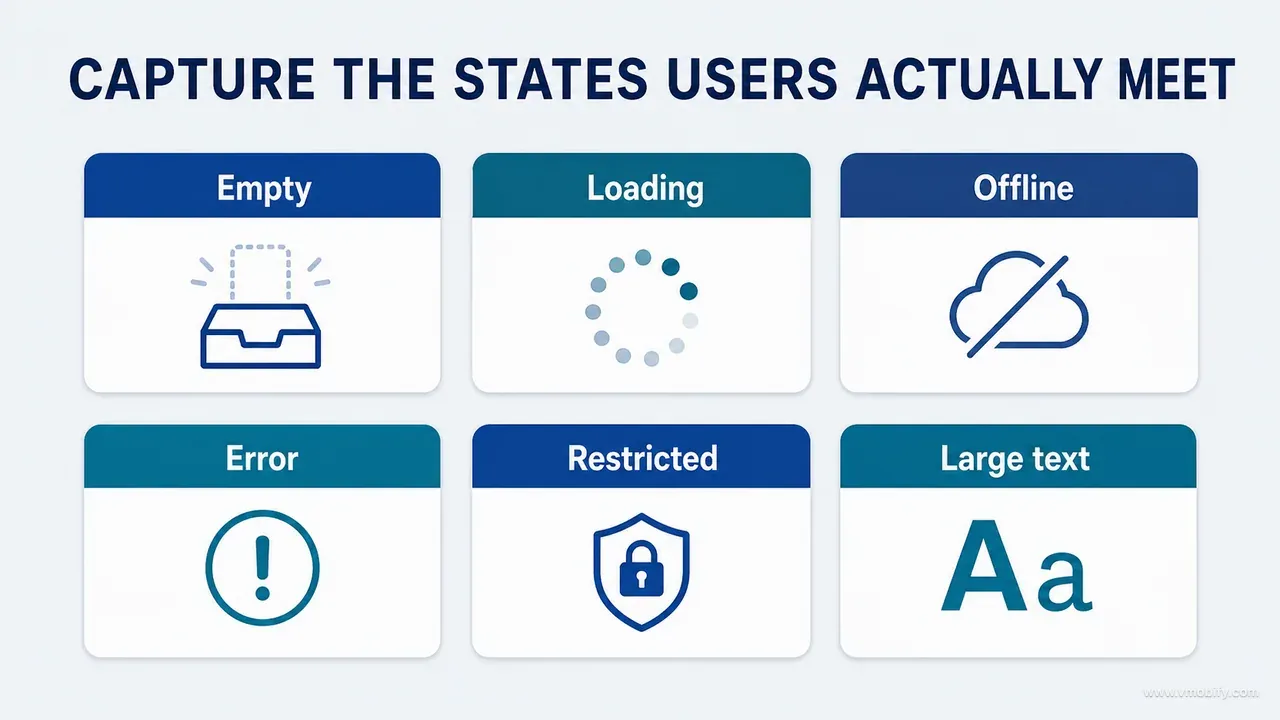 Six difficult interface states for screenshot audits: empty, loading, offline, error, restricted and large text