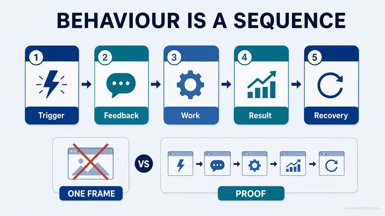 Behavioural evidence sequence showing trigger, feedback, work, result and recovery instead of one static frame
