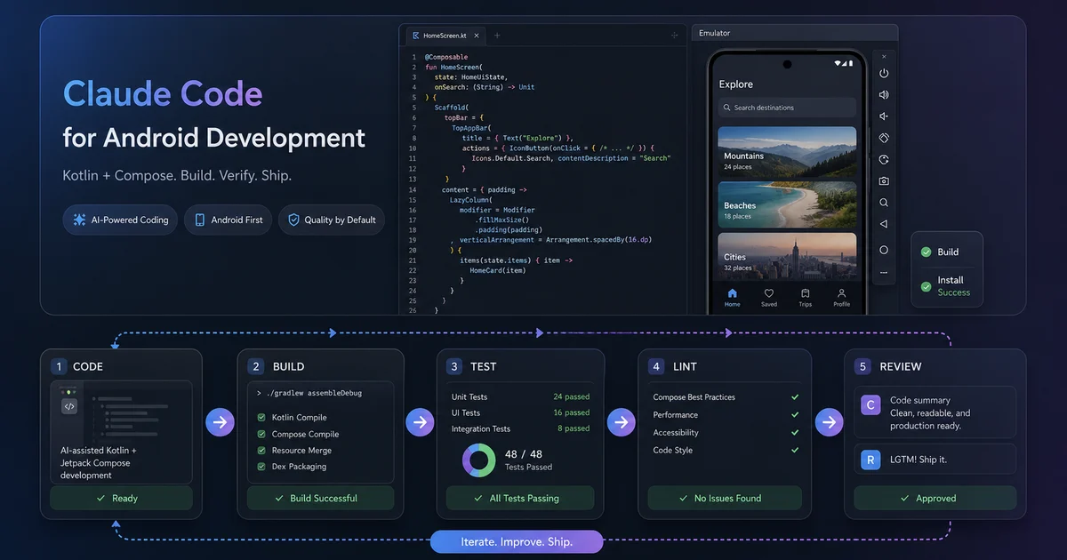 A real agentic Android workflow: scaffold → state hoist → code review → test-first in one session