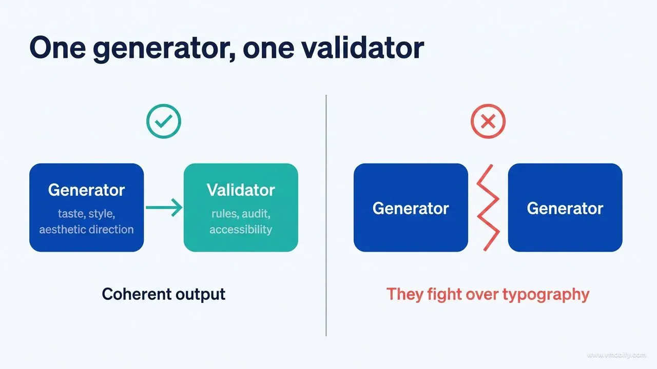 One generator paired with one validator produces coherent output, while two generators conflict over typography