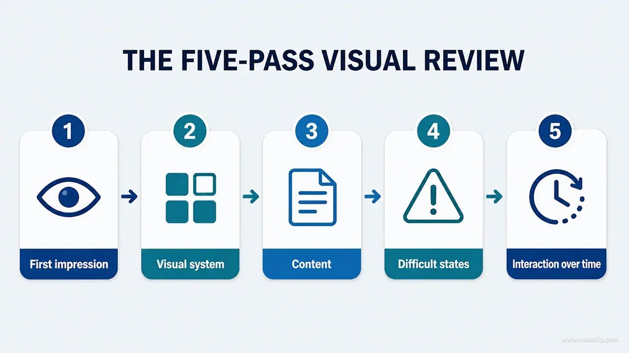 Five-pass runtime visual review covering first impression, visual system, content, difficult states and interaction over time