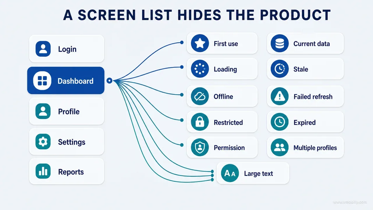 A basic five-screen list expanding into eleven materially different dashboard conditions