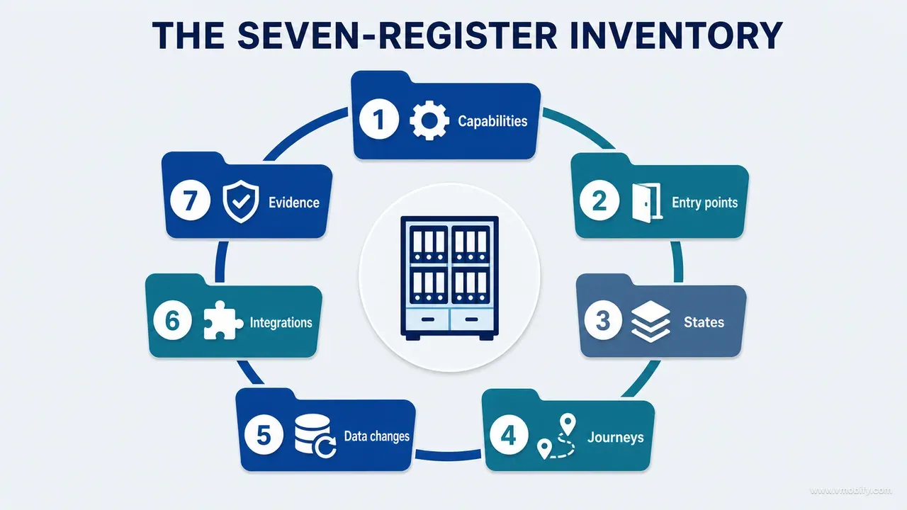 Seven-register product inventory covering capabilities, entry points, states, journeys, data changes, integrations and evidence