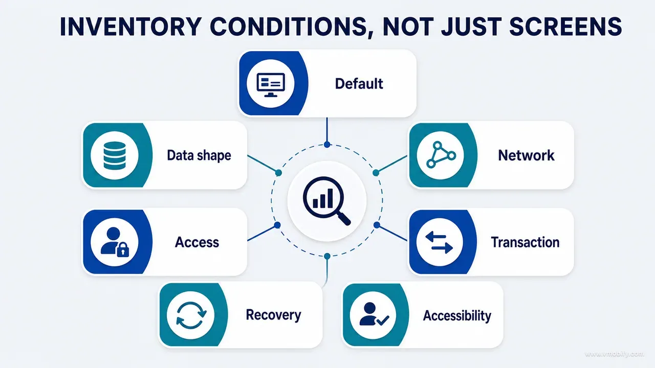 Seven condition families that change a product surface: default, data shape, network, access, transaction, recovery and accessibility