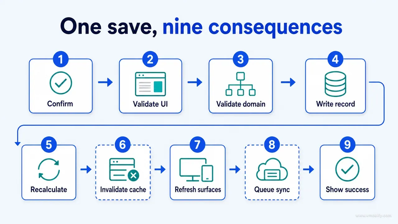 Nine-step save chain from user confirmation through validation, persistence, recalculation, cache invalidation, refresh, sync and success