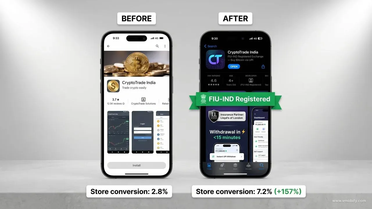 Same app, transformed store listing — trust signals before the install decision lifted conversion 157%.