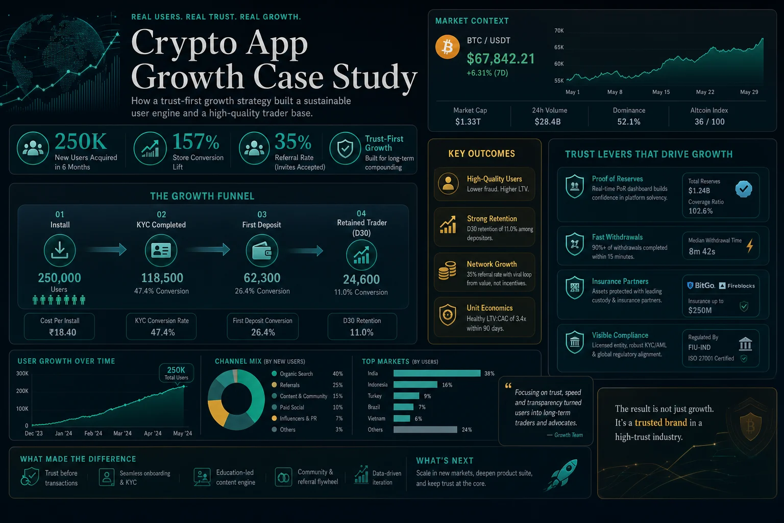 Crypto app growth summary board showing trust-first funnel metrics, conversion lift, referral rate, and the compliance signals that drove scale.