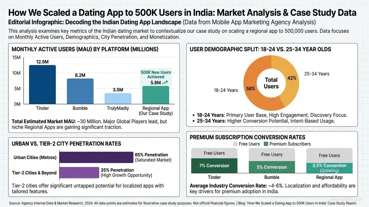 Editorial infographic showing India's dating app market data including monthly active users by platform (Tinder, Bumble, TrulyMadly, regional app), 18-24 vs 25-34 user demographic split, urban vs tier-2 city penetration rates, and premium subscription conversion rates.