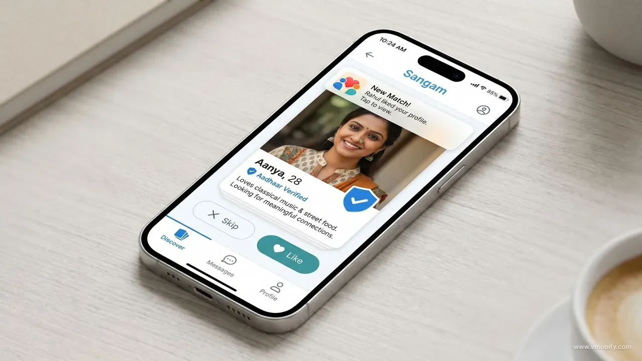 iPhone 15 mockup displaying a regional Indian dating app onboarding flow, showing a match screen with an Aadhaar-verified profile card, iOS-style navigation, and a notification prompt encouraging profile verification.