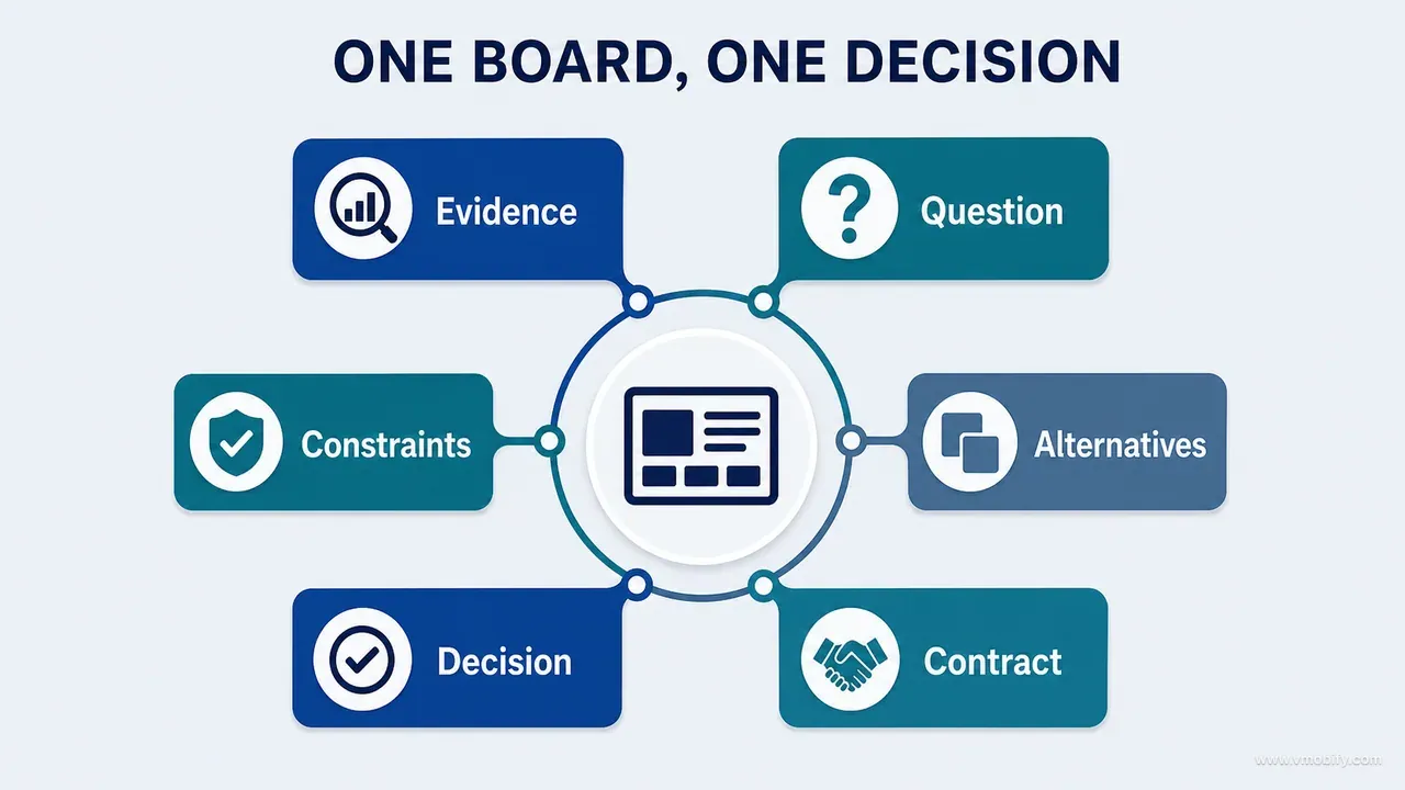 Design-board anatomy connecting evidence, question, constraints, alternatives, decision and implementation contract