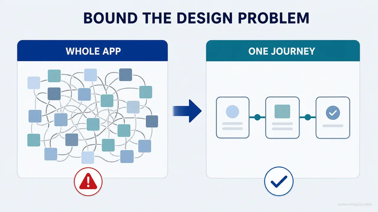Tangled whole-app redesign compared with a bounded three-step journey
