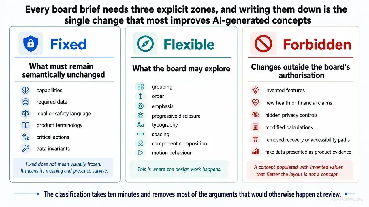 Three design-board constraint zones: fixed, flexible and forbidden