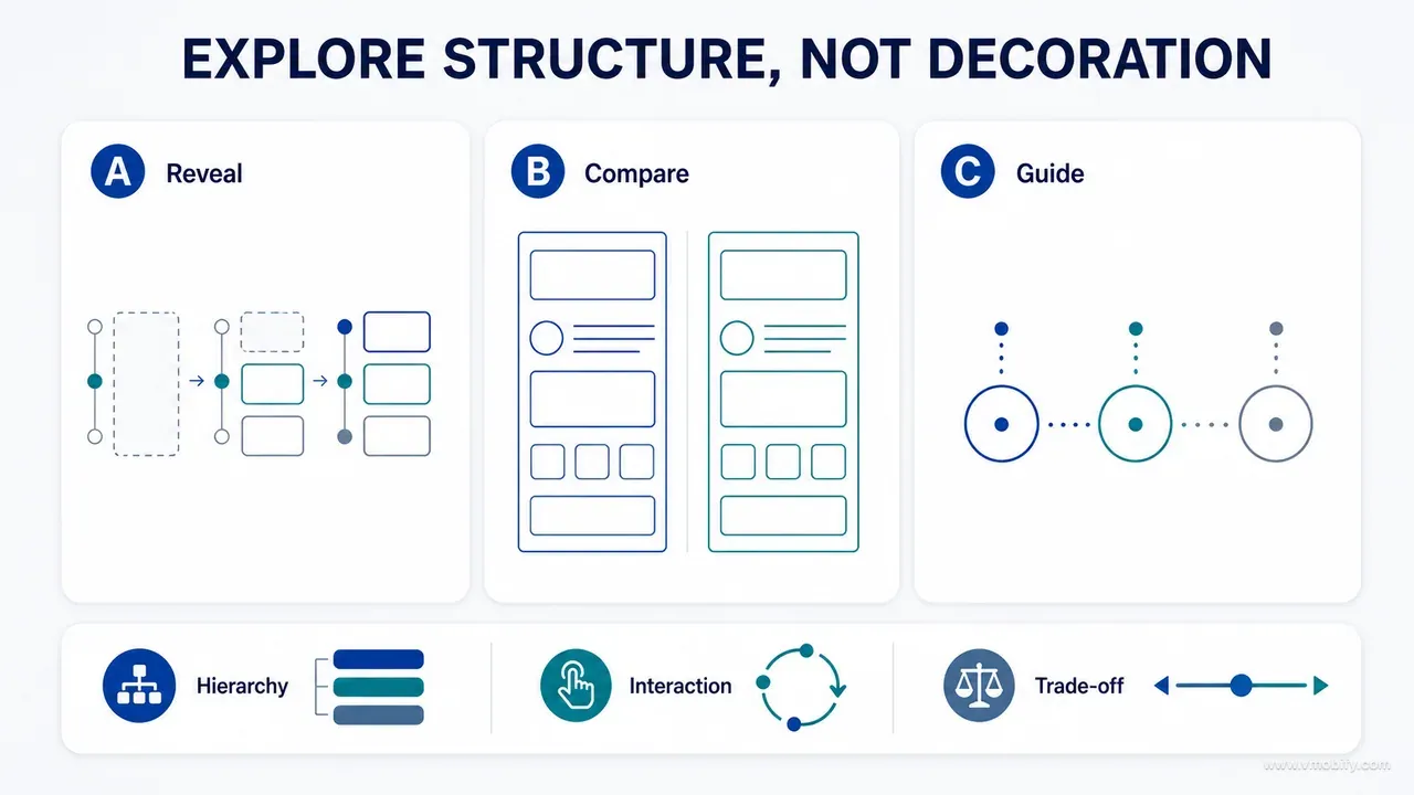 Three structurally different design concepts for revealing, comparing and guiding information