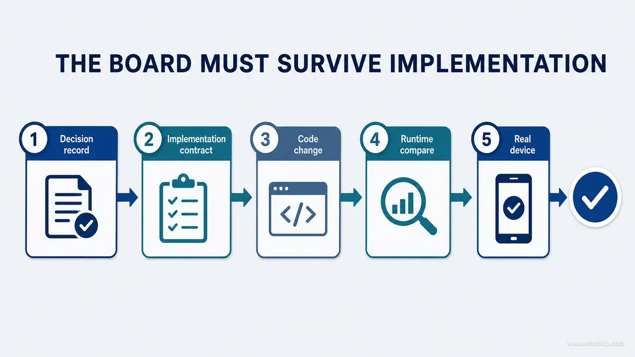 Five-step handoff from design decision record through implementation contract and code to runtime and real-device verification