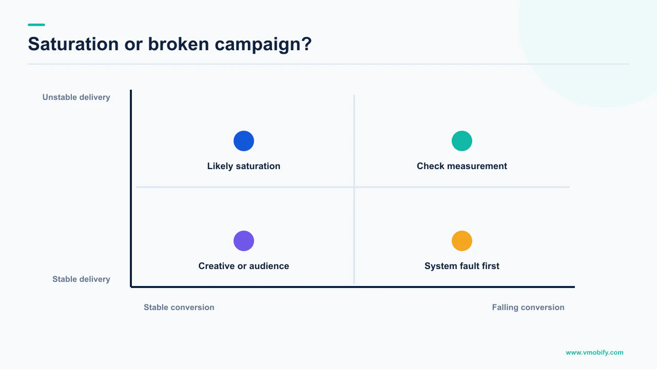 Diagnostic matrix separating campaign saturation from delivery, measurement and conversion failures