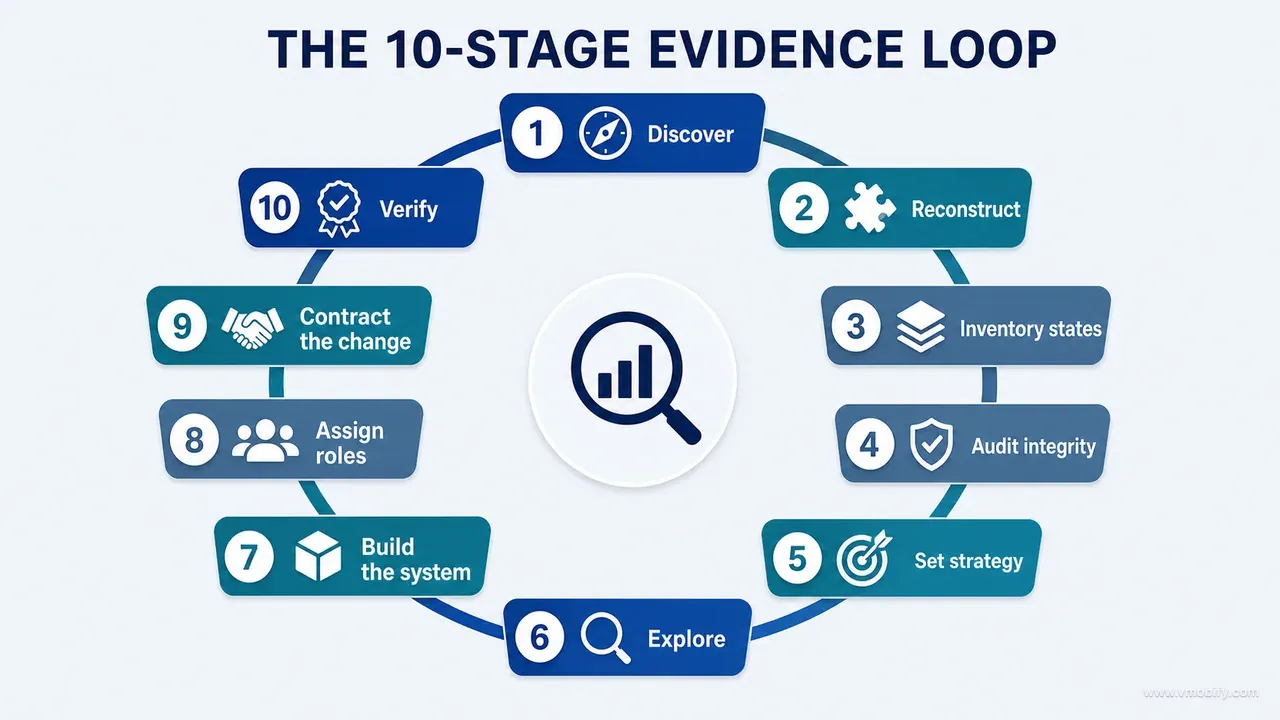 Ten-stage evidence-first product-development loop from discovery and reconstruction through bounded implementation and verification