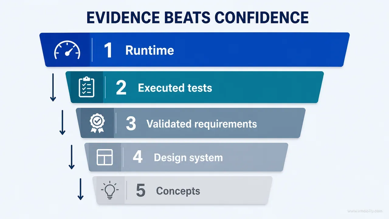 Five-level hierarchy ranking runtime, executed tests, validated requirements, design-system documentation and concepts by evidential authority