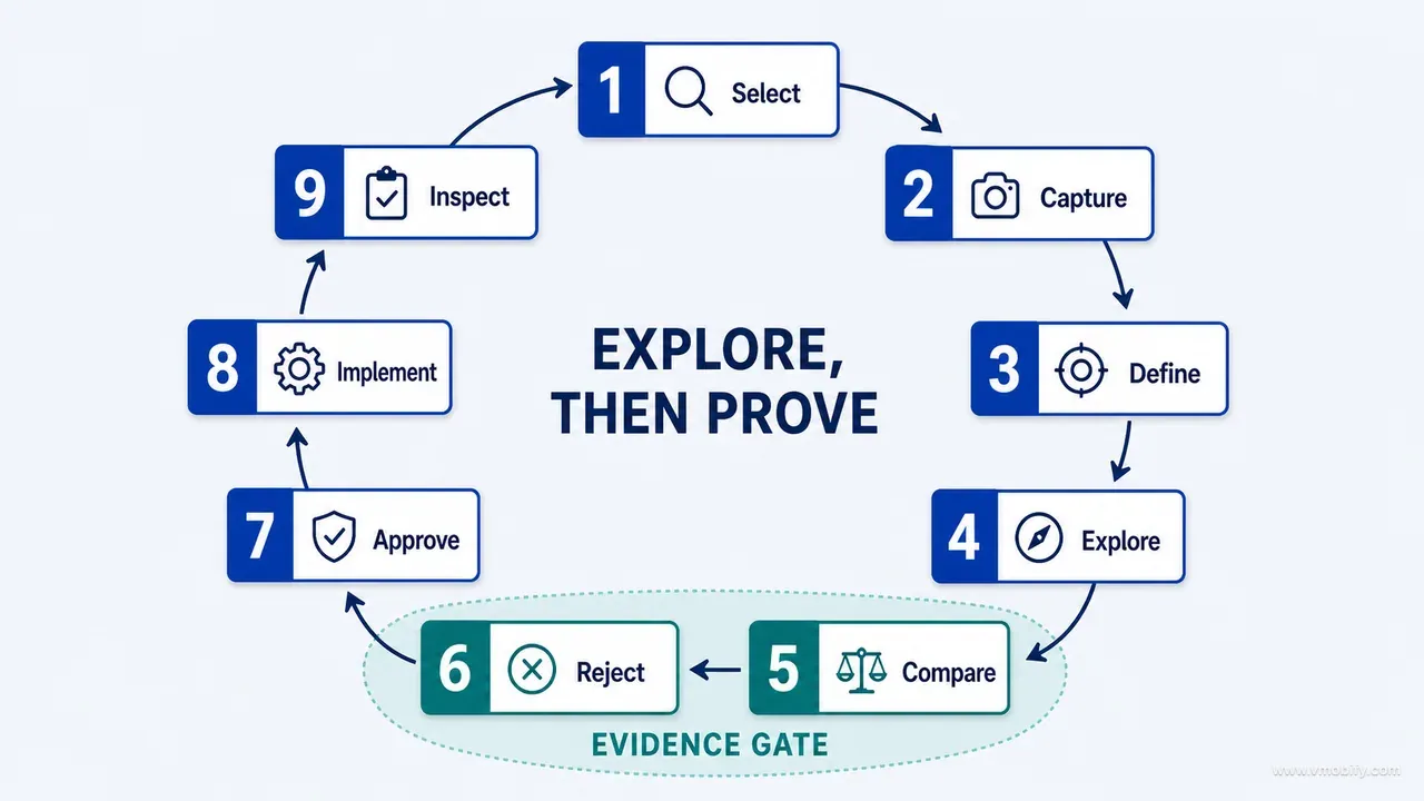 Nine-step circular design-board workflow with comparison and rejection highlighted as the evidence gate before approval