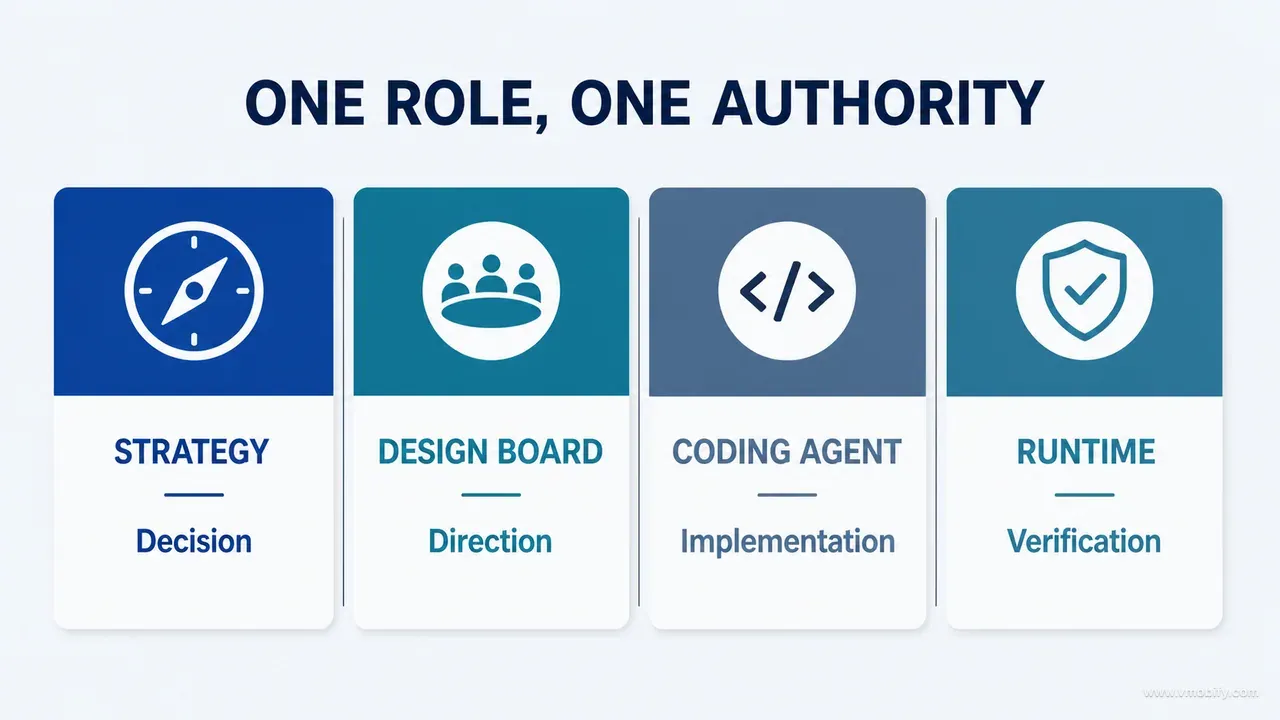Four equal responsibility cards assigning decision authority to strategy, direction to design boards, implementation to coding agents and verification to runtime review