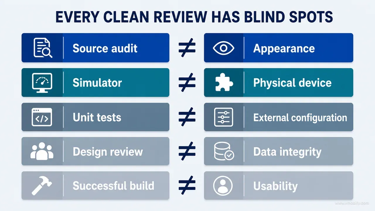 Five-row comparison showing that source audits, simulators, unit tests, design reviews and successful builds each have a distinct evidential blind spot