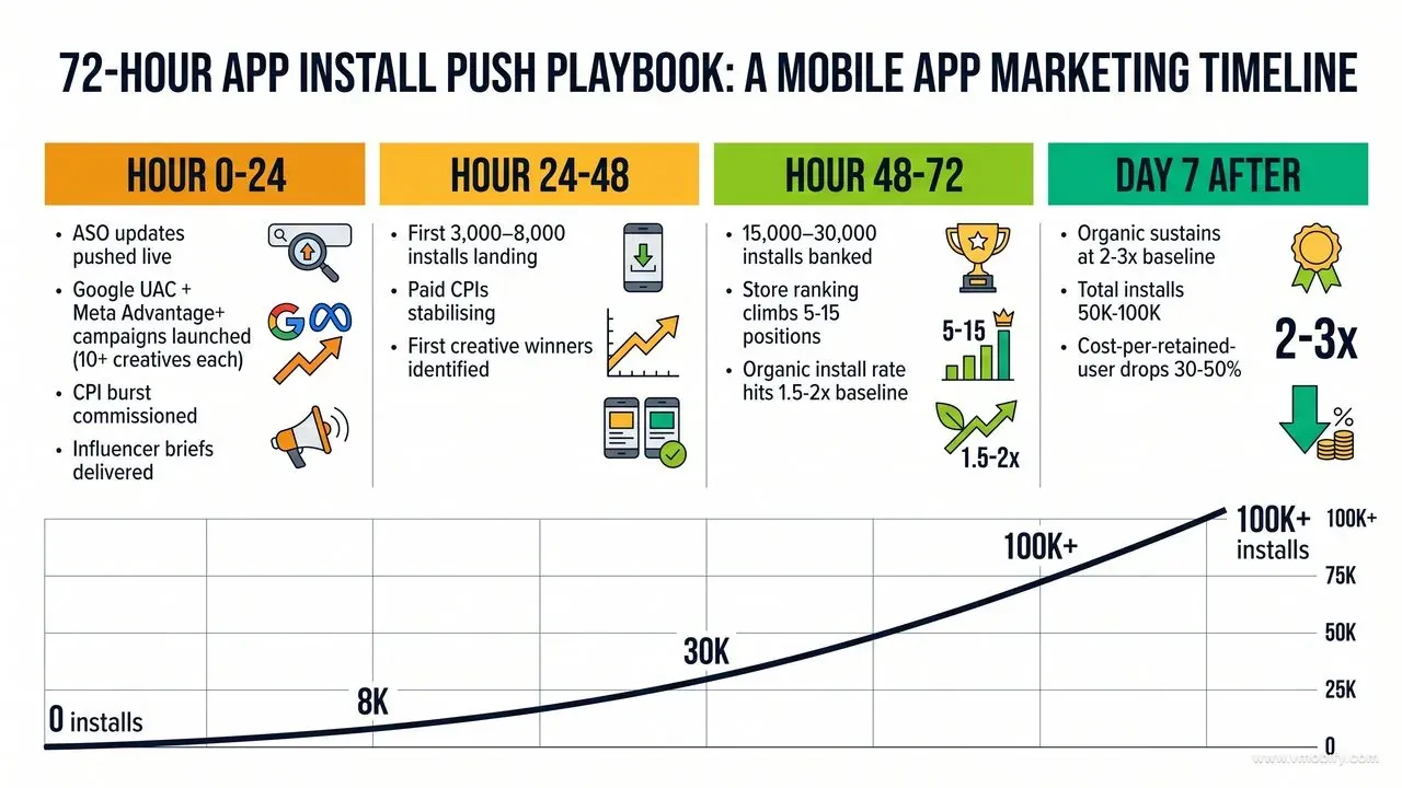 A 72-hour install push plays out across four time-blocks of coordinated activity.