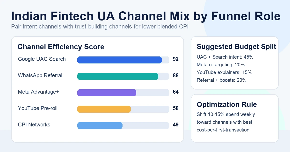 Google UAC Search inventory captures the highest-intent fintech app users in India — bottom-of-funnel cost-per-first-transaction is consistently the lowest across channels.