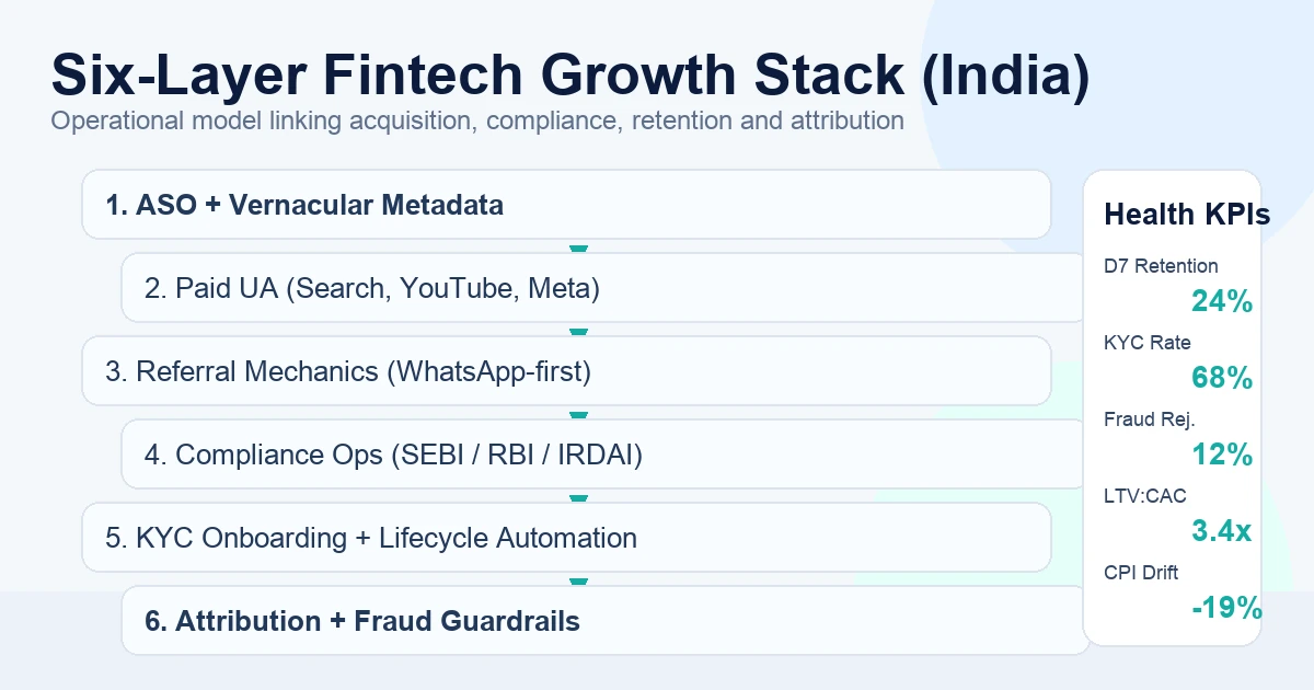 A six-layer fintech app growth stack integrates ASO, paid acquisition, referral mechanics, compliance, retention, and attribution infrastructure.