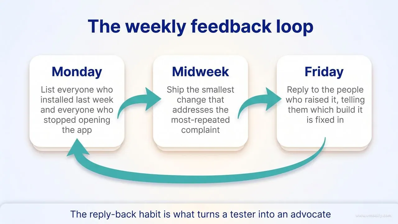 A three-stage weekly cycle: Monday, list everyone who installed last week and everyone who stopped opening the app; midweek, ship the smallest change that addresses the most-repeated complaint; Friday, reply to the people who raised it and tell them which build fixes it — with an arrow returning from Friday to Monday.