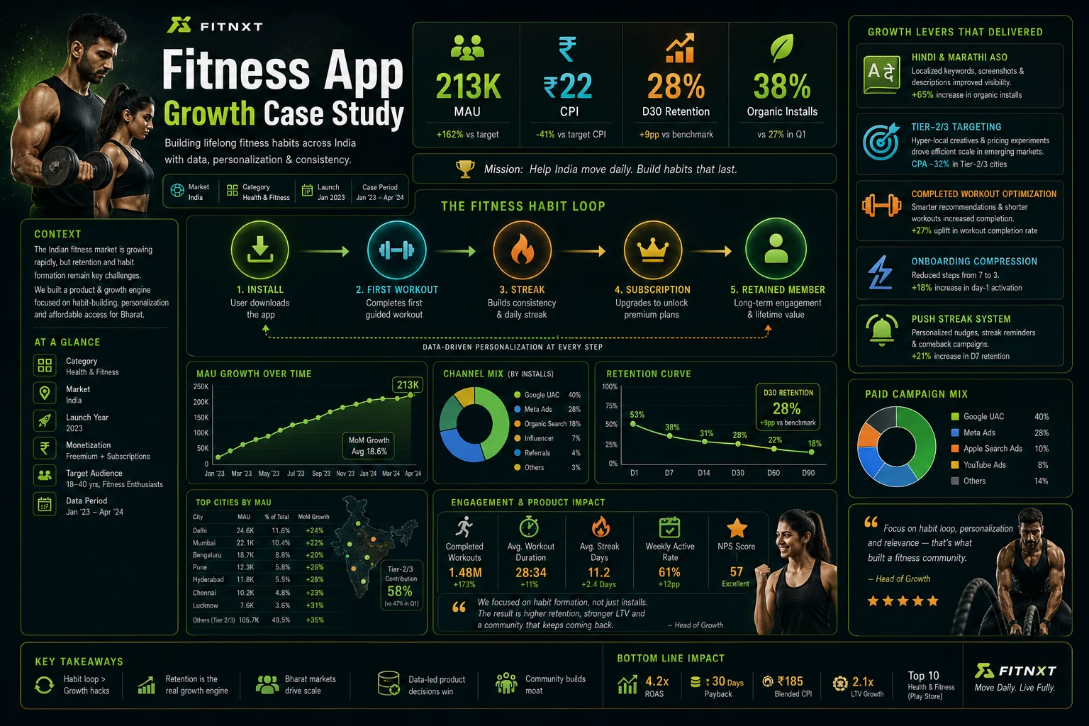 Fitness app case study board showing 213K MAU, ₹22 CPI, 28% D30 retention, the first-workout habit loop, and the tier-2 plus vernacular growth levers.