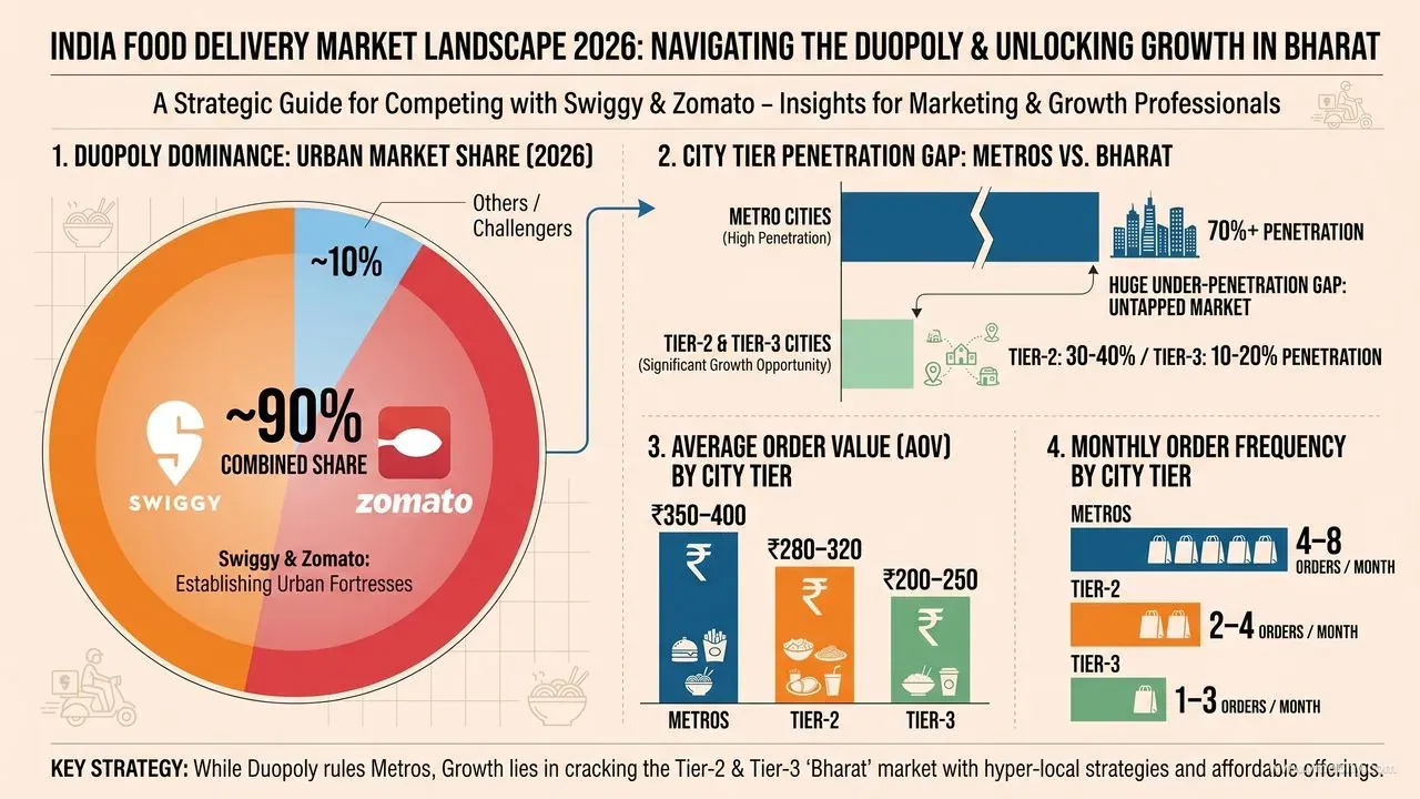 India food delivery market infographic showing Swiggy and Zomato 90% duopoly share, Tier-2 and Tier-3 city penetration gap, average order value by city tier, and monthly order frequency by city tier