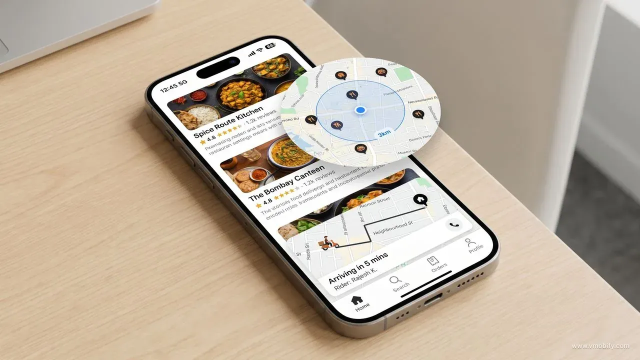 iPhone 15 Pro mockup showing a food delivery app with restaurant listings, 3km hyperlocal delivery radius map overlay, and live order tracking screen