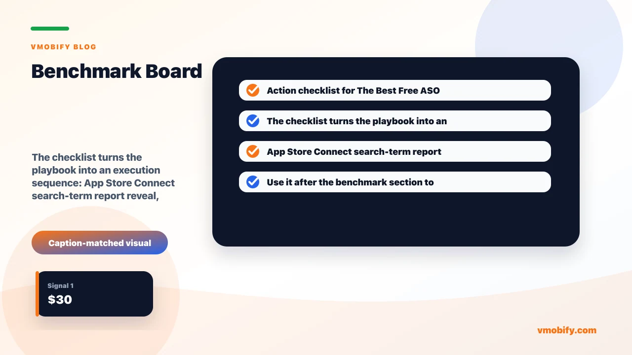Action checklist for The Best Free ASO Tools That Actually Move Rankings covering App Store Connect search-term report reveal, free tools help with localisation and vernacular ASO, you build a complete ASO stack for under $30 a month.