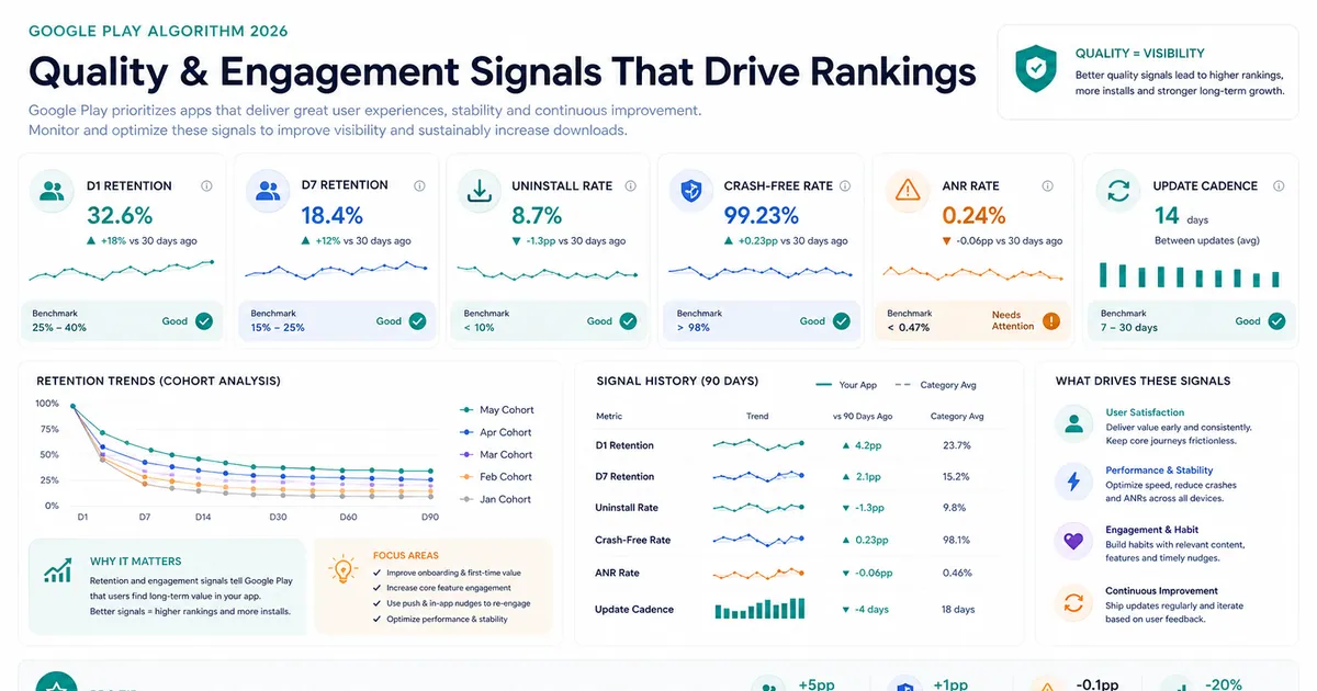 A quality-signal dashboard showing the Play Store metrics to fix first: Android Vitals, retention, ratings, and update cadence.