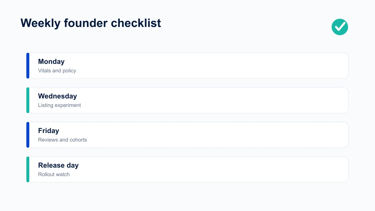 Weekly founder checklist for policy, vitals, listing experiments, reviews and releases.